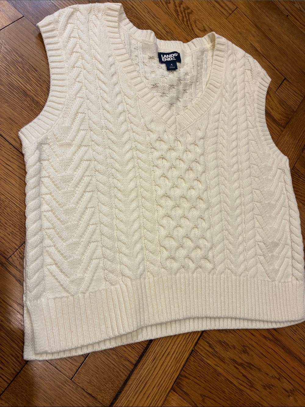 Lands' End Cream Cable-Knit V-Neck Sweater Vest